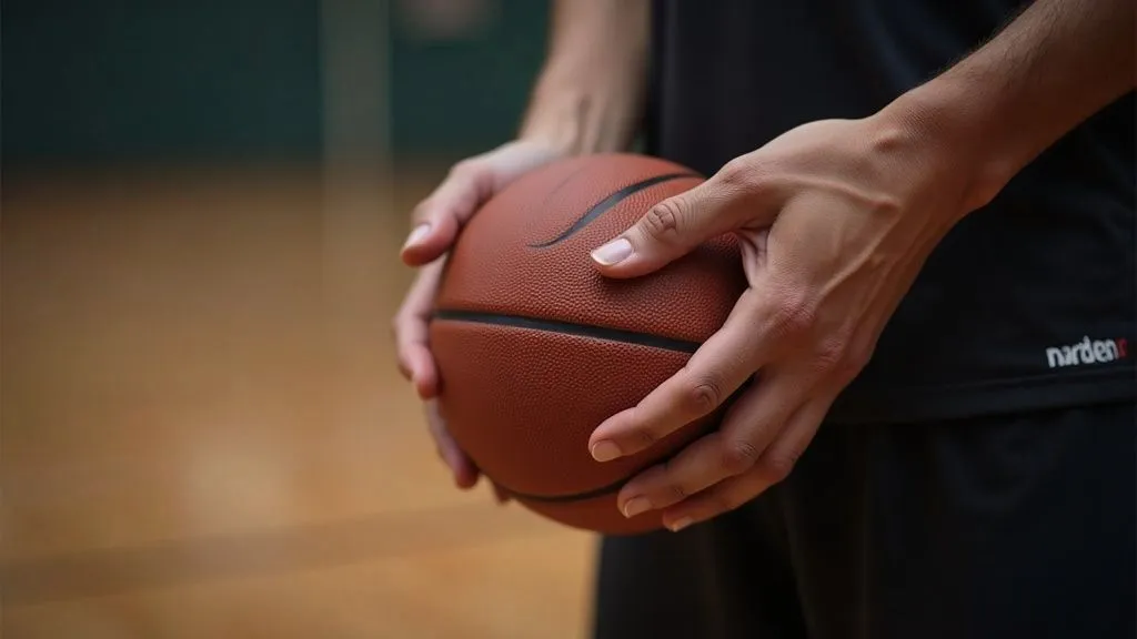 A basketball player demonstrating defensive stance on the court.